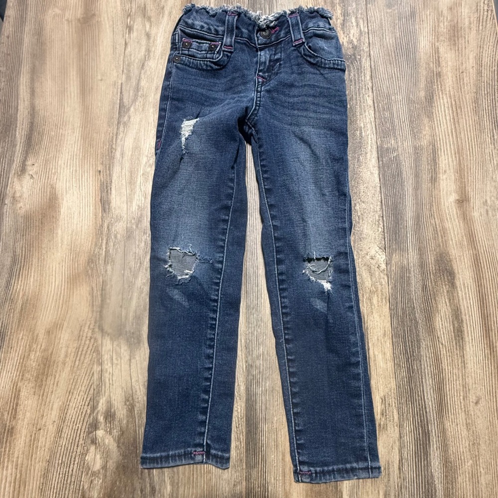 True Religion Casey Skinny Jeans Kids Size 5 Distressed Dark Wash Pink Stitching
